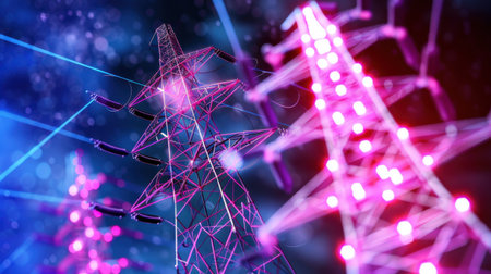 A striking depiction of colorful power lines and electric towers illuminated against an abstract night background, capturing the essence of energy transmission.の素材