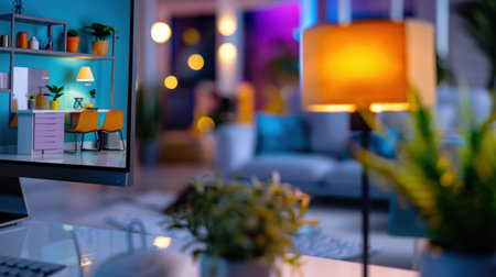 A stylish and cozy home office setup featuring colorful decor, ambient lighting, and plants, ideal for remote work and creative inspiration in a modern environment.の素材