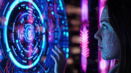 A young woman interacts with a vibrant holographic interface, showcasing mesmerizing patterns and advanced technology in a dark setting, evoking a sense of innovation.の素材