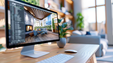 A modern home office setup featuring a sleek computer with a vibrant 3D interior design displayed, highlighting a bright and inviting living space.の素材
