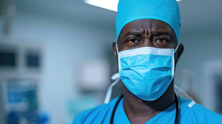A focused male doctor in a hospital setting wears a surgical cap and mask, conveying professionalism and dedication to patient care in healthcare.の素材