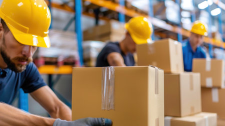 A scene in a busy warehouse showing workers focused on packing boxes for shipment. Safety gear such as hard hats and gloves is worn, emphasizing workplace safety and teamwork in logistics.の素材