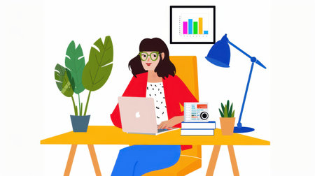 A modern illustration of a woman working at her home office desk. She uses a laptop surrounded by plants and a colorful graph, showcasing a stylish workspace.の素材