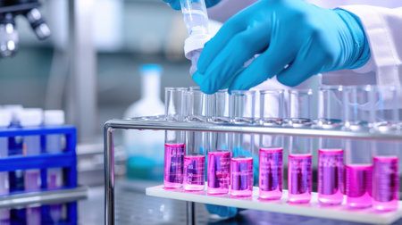 A laboratory technician in blue gloves meticulously conducts an experiment using test tubes filled with vibrant pink solutions, showcasing the careful process of scientific analysis in a modern research environment.の素材