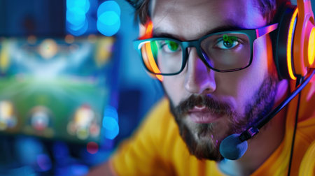 A focused young male gamer wearing a headset with illuminated accents engages in an immersive online gaming experience within a vibrant, colorful setting.の素材