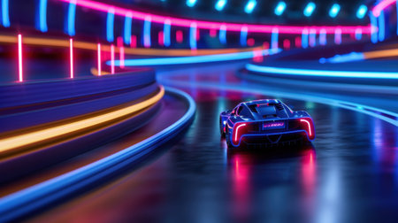 A futuristic race car speeds around a neon-lit track, showcasing vibrant colors and dynamic motion. The illuminated scene captures the essence of modern automotive design and energy.の素材