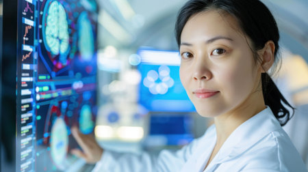 A focused female scientist interacts with a digital interface displaying intricate data and brain imagery in a modern research laboratory setting.の素材