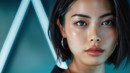 A stunning close-up portrait featuring a confident woman with short hair and glowing skin. The vibrant urban background enhances her expressive gaze and modern style.の素材