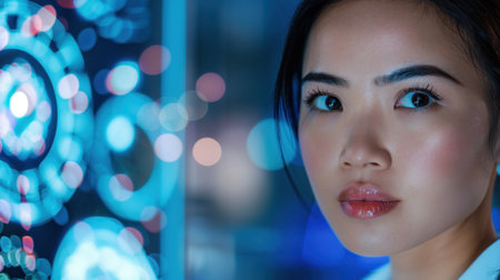 A captivating portrait of a young woman in a futuristic environment, showcasing her thoughtful expression against a backdrop of bright technological elements.の素材