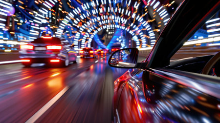 Captured in a vibrant urban environment, this image showcases the dynamic motion of vehicles illuminated by colorful lights at night, emphasizing speed and excitement.の素材