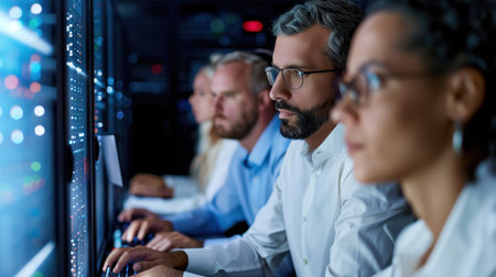 A focused team of diverse IT professionals engages in data analysis within a modern server room, surrounded by advanced technology and multiple screens.の素材