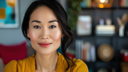 A confident young woman with a warm smile sits in a cozy and modern living room. The soft lighting and colorful decor create an inviting atmosphere, perfect for lifestyle photography.の素材