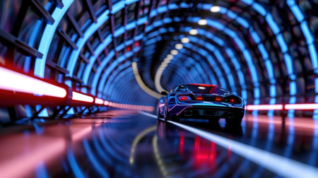A stunning image of a sports car speeding through a neon-lit tunnel, showcasing vibrant reflections and futuristic design. The dynamic motion captures excitement and energy.の素材