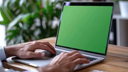 A person types on a sleek laptop featuring a green screen, set in a bright modern workspace enhanced by lush indoor plants, perfect for remote work.の素材