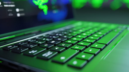 This image features a close-up view of a modern laptop keyboard illuminated by green ambient light, showcasing the sleek design and technological elegance.の素材