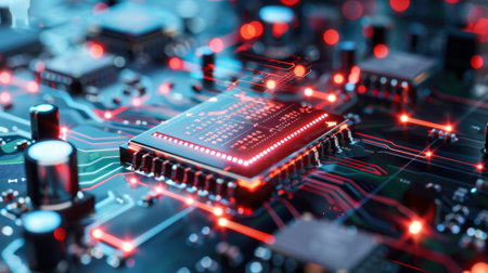 This image showcases a detailed close-up of a modern circuit board featuring a microchip and vibrant red LED lights. It highlights the intricate connections and electronic components essential for technological advancement.の素材