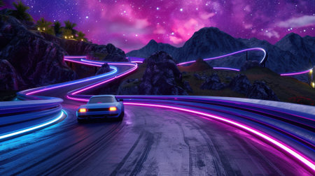 This captivating image features a sleek sports car navigating a neon-lit curved road against a stunning starry backdrop, evoking a sense of adventure and speed.の素材