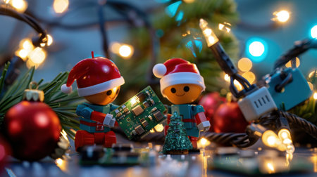 Two cheerful robots in Christmas attire exchange gifts surrounded by festive decorations and twinkling lights, creating a joyful holiday scene.の素材