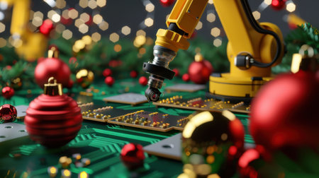 A vibrant scene showcasing a robotic arm assembling a circuit board decorated with shiny Christmas ornaments, representing the fusion of technology and festive spirit.の素材