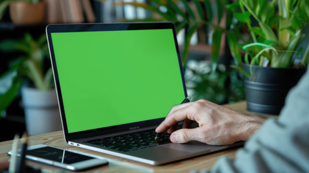 This image showcases a modern workspace featuring a laptop with a green screen, ideal for creative projects and digital content. The environment is complemented by greenery, enhancing the workspace aesthetic.の素材