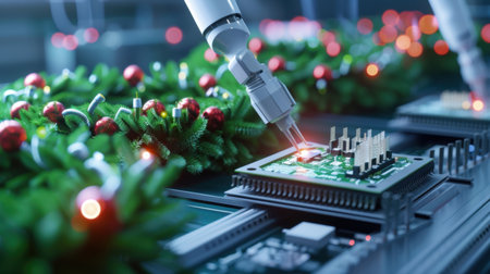 A robotic arm expertly assembles a circuit board surrounded by Christmas decorations, showcasing the intersection of technology and holiday spirit in a factory setting.の素材