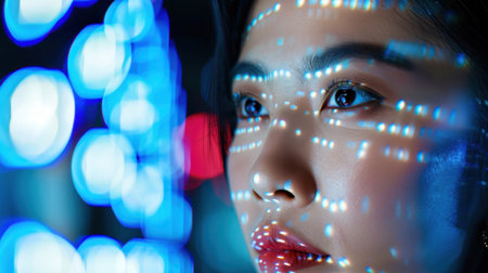 A stunning close-up portrait of a woman illuminated by vibrant digital projections. The intricate patterns highlight her features and evoke a sense of modern culture and beauty.の素材