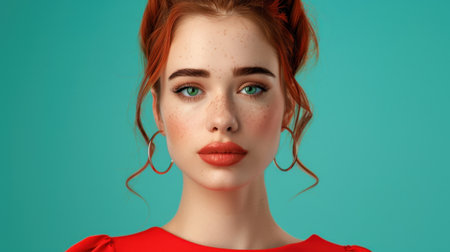 This captivating portrait features a young woman with radiant red hair and striking turquoise background, highlighting her natural beauty and vibrant personality.の素材