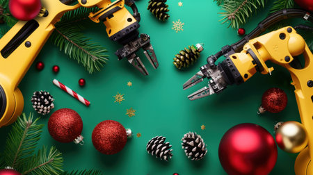 Discover a vibrant holiday scene featuring robotic hands surrounded by Christmas ornaments and festive decorations, evoking a blend of technology and celebration.の素材