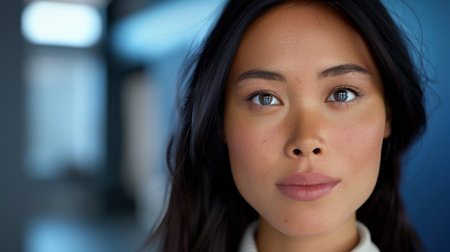 This portrait captures a serene young woman with long dark hair and a gentle expression, highlighting her natural beauty and confidence in a softly lit environment.の素材