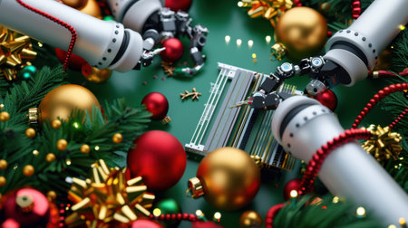 Two robotic arms meticulously craft holiday decorations amidst bright Christmas ornaments and vibrant greens, showcasing the interplay between technology and festive cheer.の素材