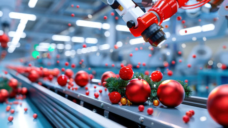 A modern robotic arm efficiently places red Christmas ornaments on a conveyor belt in an industrial setting, showcasing advanced automation in holiday production.の素材