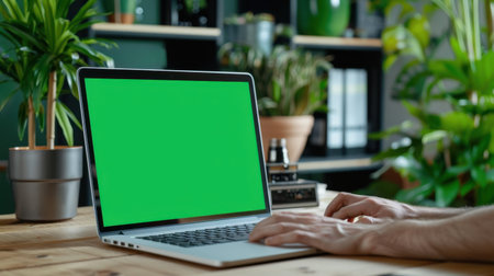 A minimalist workspace featuring a laptop on a wooden desk, surrounded by lush indoor plants. The setting exudes a relaxed atmosphere, ideal for productive work.の素材