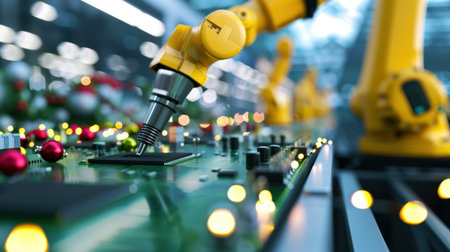 A robotic arm skillfully assembles a circuit board in a vibrant modern factory, adorned with holiday decorations and captivating lights, showcasing innovation.の素材