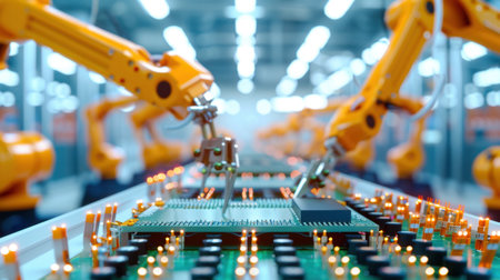This image showcases a state-of-the-art robotics assembly line where robotic arms precisely handle circuit board components in a modern factory setting.の素材