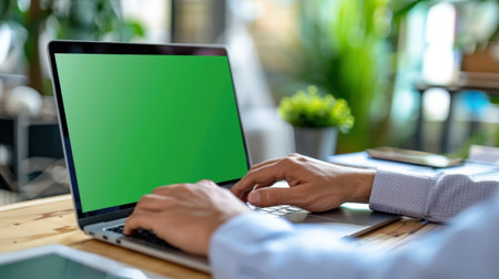 A person typing on a laptop with a blank green screen in a stylish office setup. The scene includes greenery and soft lighting, creating a calm workspace.の素材