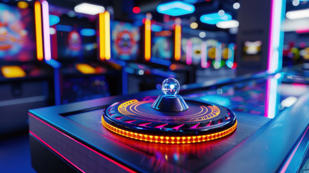 Close-up view of a vibrant arcade game button illuminated by colorful lights, showcasing the excitement and entertainment of modern gaming environments.の素材