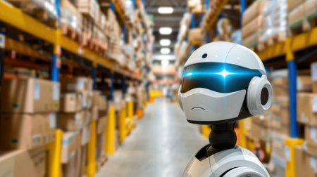 A sleek robotic figure stands in a high-tech warehouse environment lined with shelves of goods, symbolizing the future of automated logistics and inventory management.の素材