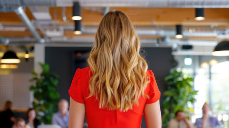 A young woman with long wavy hair stands with her back to the camera, confidently addressing an audience at a vibrant indoor seminar, embodying professionalism and engagement.の素材