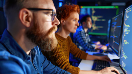 A focused scene of programmers in a modern office environment, collaborating on complex coding challenges using advanced technology for software development.の素材