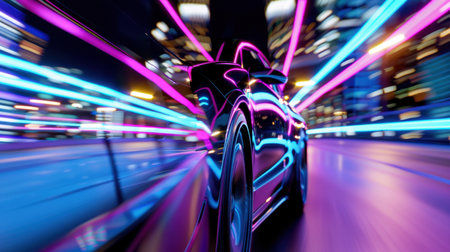 A stunning image capturing the essence of speed and motion with vibrant neon light trails surrounding a sleek car in a bustling urban environment at night.の素材