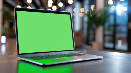 A modern laptop with a vibrant green screen sits on a stylish table, surrounded by a contemporary workspace. Perfect for showcasing technology and creativity.の素材