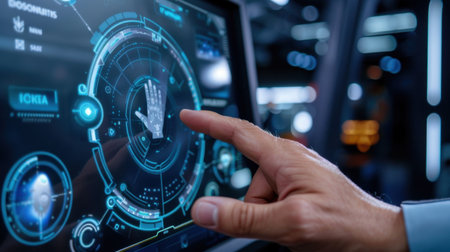 A close-up view of a hand interacting with a futuristic touch screen interface, showcasing advanced technology with data visualization and responsiveness.の素材
