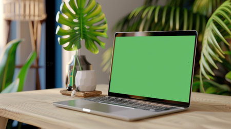 A stylish laptop sits on a wooden table alongside a houseplant in a bright, inviting workspace. Ideal for showcasing modern technology and creativity.の素材