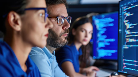 A diverse group of professionals working together on a software development project in a modern office setting. The scene captures focus and collaboration.の素材