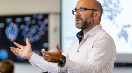A professional male speaker captivates an audience in a modern classroom, leading an interactive session with engaging techniques and visual tools.の素材