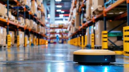 A cutting-edge autonomous robot operates in a spacious warehouse. The scene captures the essence of modern logistics with vibrant colors, organized shelves, and advanced technology.の素材