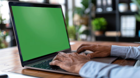 This image features hands typing on a laptop with a green screen, set in a modern workspace filled with plants and stylish bookshelves, ideal for creative projects.の素材