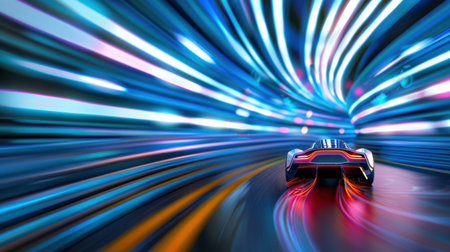 A striking image of a futuristic race car speeding through a neon-lit tunnel, showcasing vibrant colors and dynamic motion effects, evoking energy and excitement.の素材