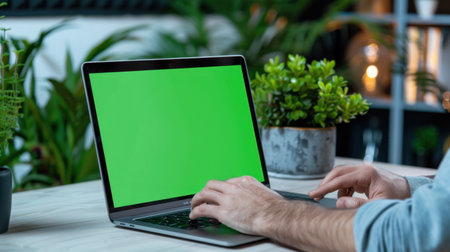 A person is typing on a laptop with a vibrant green screen display. The scene features indoor plants, creating a modern workspace filled with natural light.の素材