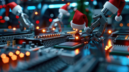 A whimsical scene showcasing robots in Santa hats working on a festive assembly line, combining holiday spirit with advanced technology in a vibrant setting.の素材